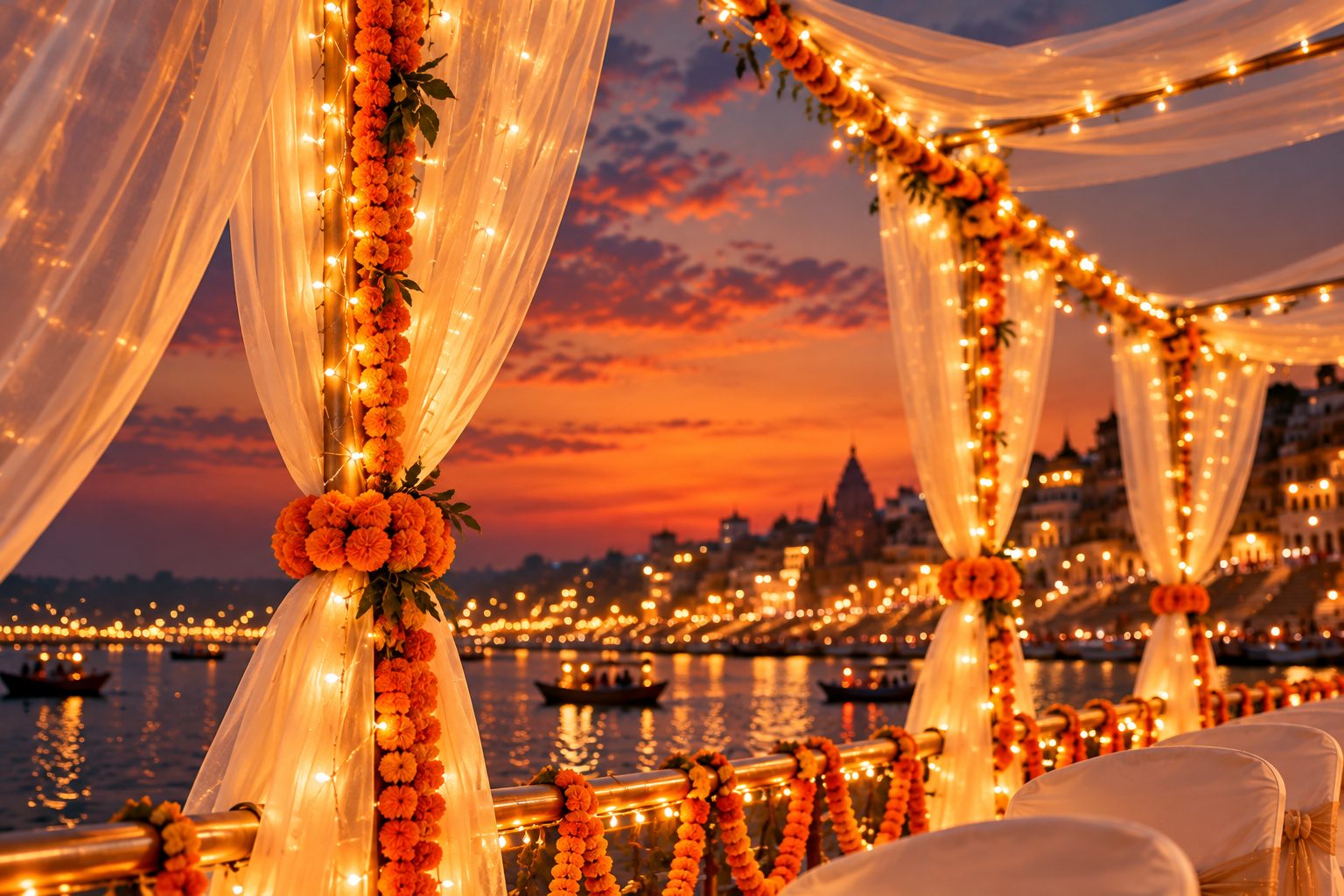 Drapes, marigolds and lights against the evening sky