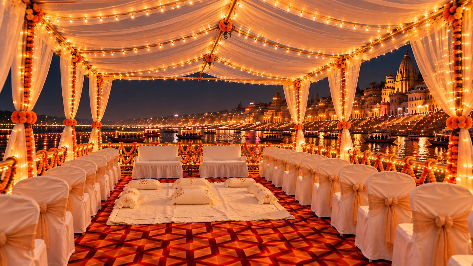 The deck at night under the lit canopy