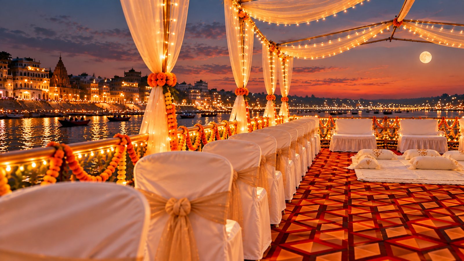 Along the deck, with marigold garlands and fairy lights